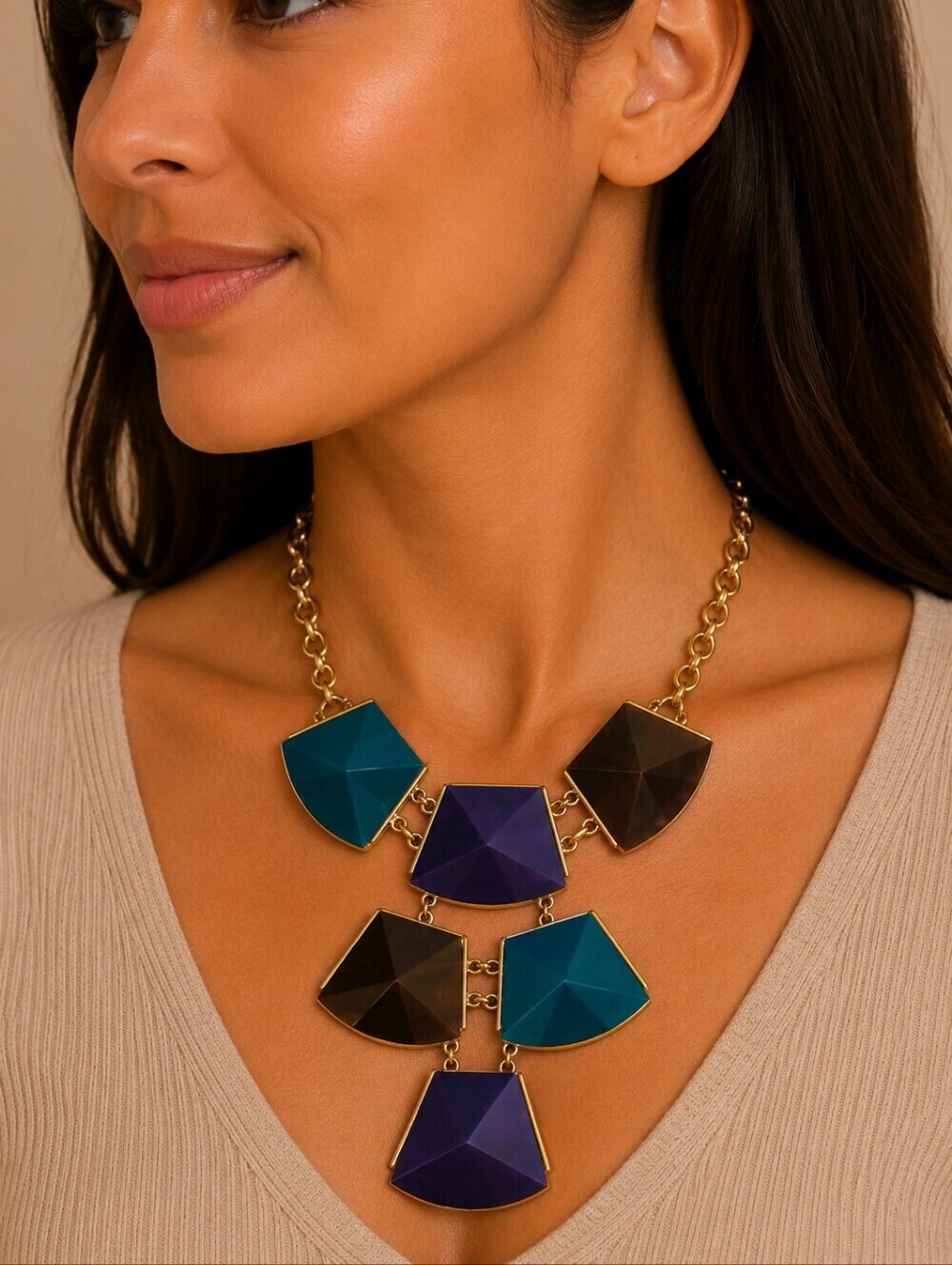 3/$30 Vtg Art Deco Geometric Hexagon Cascade Bib Chain Necklace